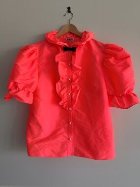 Batsheva Neon Pink Orange Ruffle Pearl-Button Blouse NWT